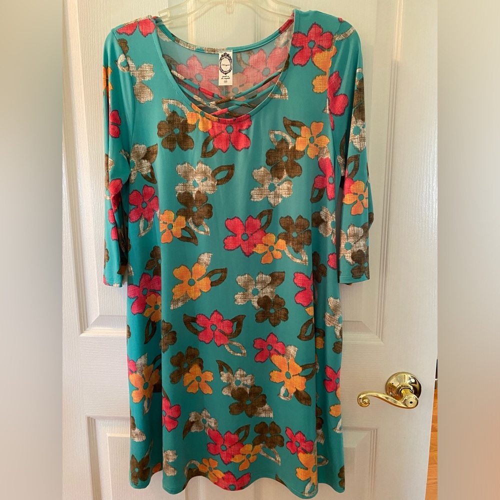 ‼️SALE-SALE-SALE‼️ Colorful flowers on turquoise dress, loose swing dress🌟